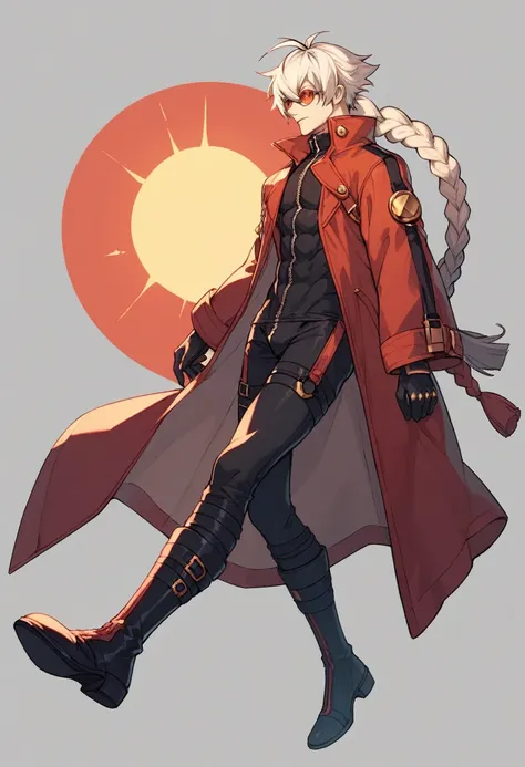 blazblue ,human male  , black clothing , round red sun glasses , white hair style ,long braided ,zip red coat  , black gloves  ,...