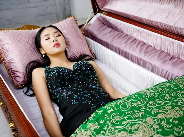 in a striking 8k hdr scene, a stunning korean woman, 22 years old, lies peacefully in a long coffin and coffin lid beside the de...