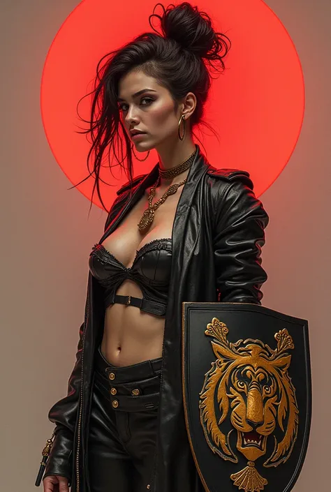 Drunk Style Woman, glued clothes, with red energy, and tiger coat of arms with shield