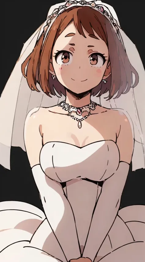 ochaco_uraraka, 1girl, open_mouth, looking_at_viewer, smile, (best quality,8k,highres,masterpiece:1.2), ultra-detailed, (realistic,photorealistic,photo-realistic:1.37), detailed face, delicate eyes, high resolution, close-up of beautiful bride wearing beau...