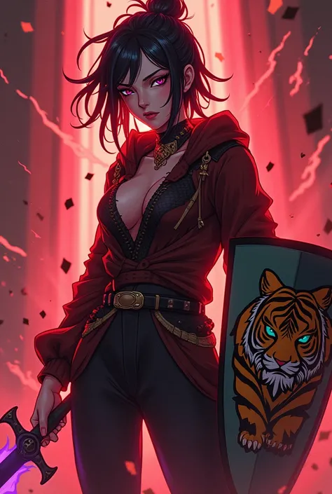 Drunk Style Woman, glued clothes, with red energy, and tiger coat of arms with shield. And purple sword Anime fantasy