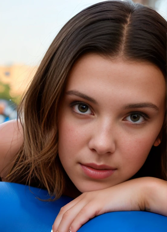 mbb, a stunning intricate color portrait of  millie bobby brown (19 years old:1.5) , topless, perfect round huge breast , epic c...