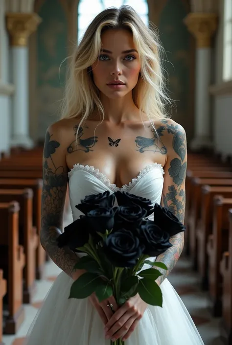 Woman, beautiful tall with the features of the actress Ana de Armas, with several tattoos on his body , a butterfly tattoo on the chest ,hair blonde , wearing awhite dress, in his hand a bouquet of black roses , the scenery is a church 