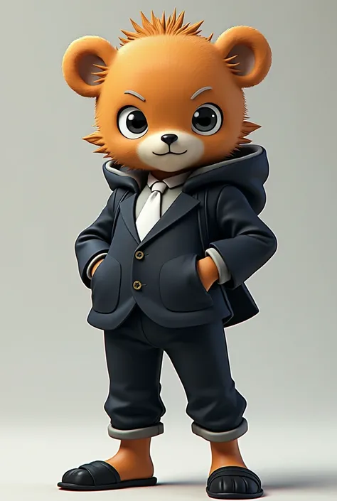 Um personagem de One Piece, that has bear ears, He is 2 meters and 30 centimeters tall and wears a suit with a white tie and black slippers. He is not very fat and only has bear ears, spiky hair and big, round eyes.