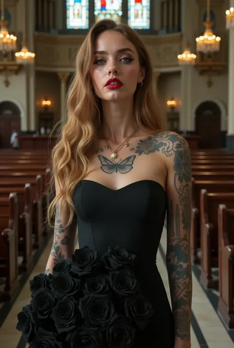 Woman, beautiful tall woman with the features of actress Ana de Armas, with various tattoos on the body , a butterfly tattoo on the chest ,hair blonde , wearing awhite dress, in her hand a bouquet of black roses , the scene is a church, on the face heavy m...