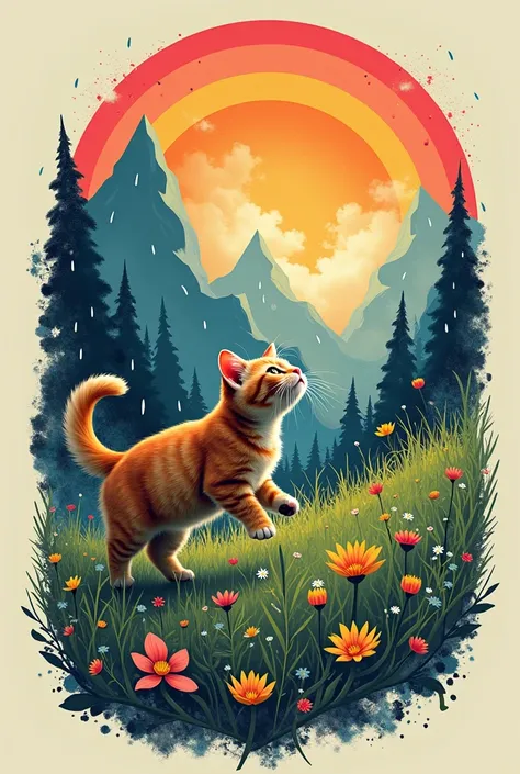 Design a t-shirt graphic that seamlessly blends realism, abstract art, and nature. Start with a central scene of a cat playing in a meadow, rendered with lifelike detail. The cat should be depicted in mid-pounce, interacting with raindrops that are falling...