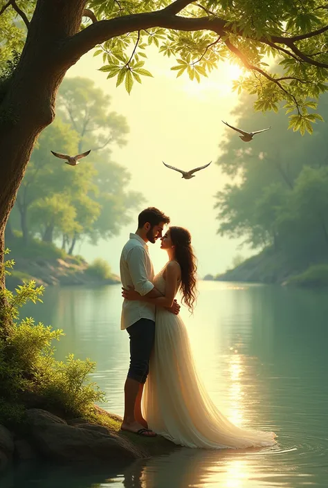 Two lover and near the river and bird are flying over the tree