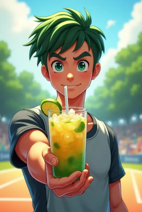 A handsome boy with green medium-long hair offers a sports drink