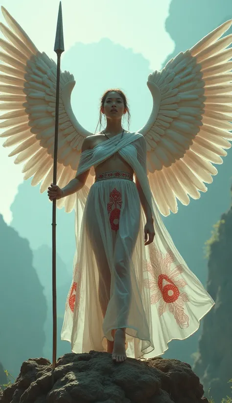  
Sci-fi fantasy, cenematic, Naked, nude, topless, A woman wearing a ransparent shawl made of used plastic, large and sexy breasts, super sexy, beautiful, with wings like Indonesian garuda, holding a spear, wearing a very long white skirt with pattern red ...