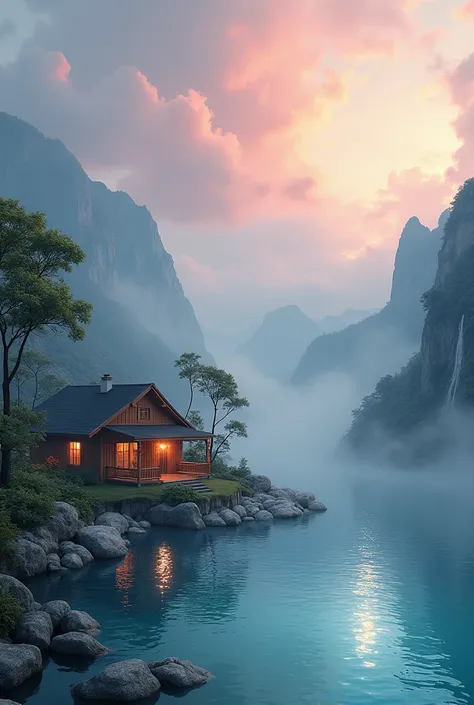 Unparalleled masterpiece, (photorealistic:1.4), best quality, beautiful lighting, (hot spring), (extremely detailed 8k wallpaper), full shot landscape photo of the most beautiful artwork in the world, cloudy sky background lush landscape house and trees il...