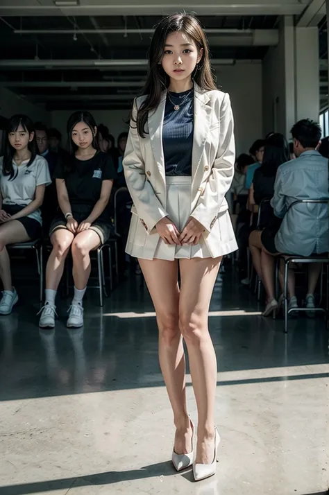 Female teacher pisses、Female teacher urinates at student graduation ceremony、Pee leak、peeing herself、A lot of pee、From below、Gaze at the audience、White suit、High heels、Perfect figure、Very beautiful、Japanese elementary school teacher、Many students are seate...