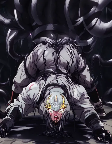 8k,high resolution,Hünkel,bandage,Silver Hair,Hulk-like body,(((18-year-old boy,Huge penis))),((Being pinned down by black tentacles)),Open your arms wide and clench your fists,Open your mouth wide,Wide, unfocused eyes,Many protruding veins,((Black tentacl...