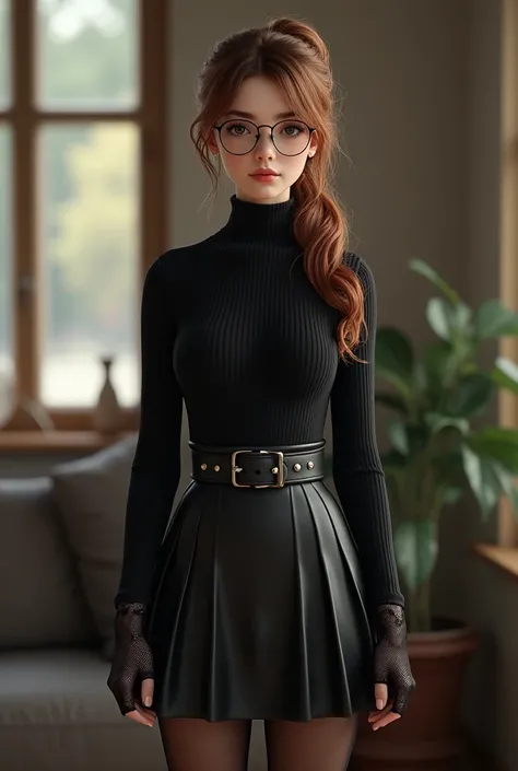 A beautiful young German woman with brown hair in a ponytail, wearing a turtleneck and a skirt, black pantyhose, glasses, and black lace gloves, standing indoors, cute face, full body view, detailed and realistic, (best quality,4k,8k,highres,masterpiece:1....