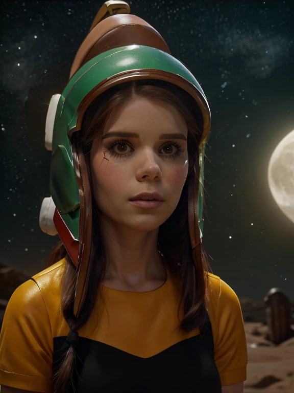 a beautiful woman with long black hair,kate mara,sexy cosplay as marvin the martian,checking the instruments in her high tech mo...