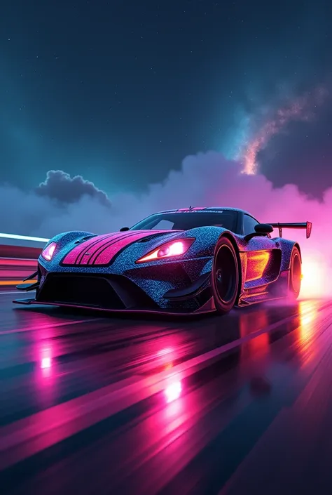 (work of art), best qualityer, ultra detali, 8k), Race car, inspired by street racing,Inspired by drifting, led, ((Dual headlights)), (((Racing stripes in bright neon colors))), (Black racing wheels), Spinning wheel showing movement, Show the car in motion...