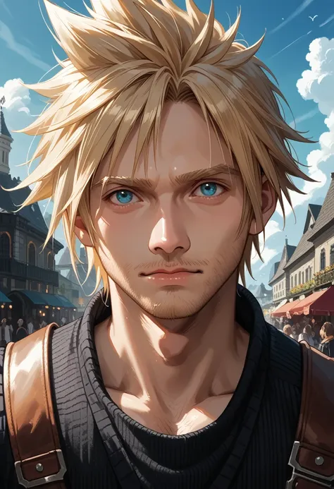 close-up of a man with a sword in the city, cloud strife, portrait of cloud strife, from last fantasy vii, last fantasy 7, from ...