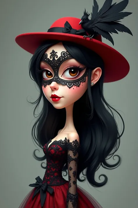 **4d caricature with a big head,a beautiful realistic woman,long black hair,wearing a red hat with a black raven on it,a black ribbon & a big black feather,she is wearing a black & red lacy half mask with a complicated pattern,she has lips bright red matte...