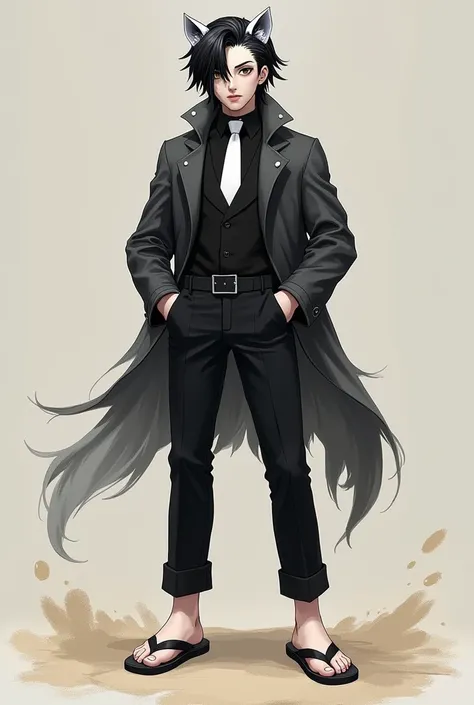 Black haired character, Mink bear features, wears a black suit with a white tie, wears flip-flops and dress pants, has the sand fruit, usa or estilo of luta hokushiki, has a white cover, and is the right hand of a crew, he is 19 years old.
