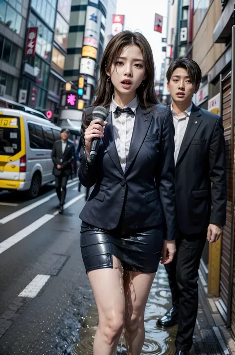 Woman pees during TV interview、incontinence、peeing herself、A male interviewer is holding a microphone close to her mouth、The woman who pees has a perfect figure、In the streets of Shibuya、I look up a little and tremble.、Mouth slightly open, shy、From above、L...