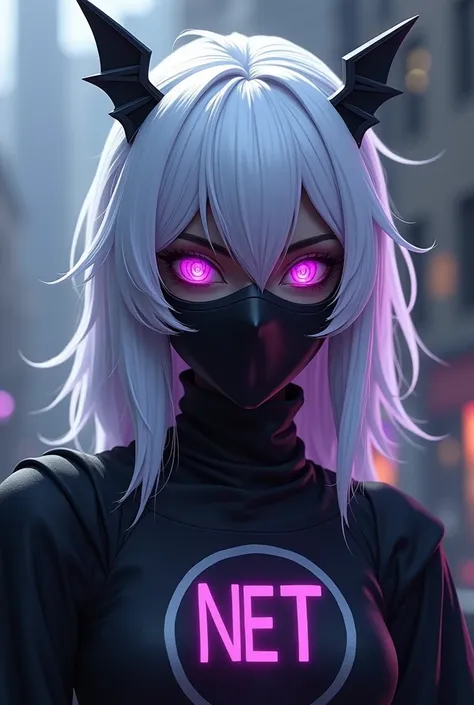 Create a character who has white hair and has small wings in his hair, and is wearing a black mask and has flaming purple eyes and on his chest it says NET