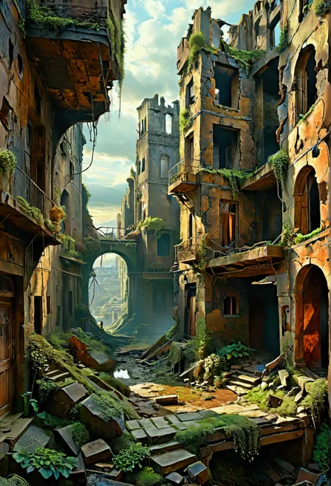 Créez des chefs-d&#39;œuvre dystopiques，Représentez le paysage urbain antique détruit dans un style artistique conceptuel de jeu réaliste.. L&#39;œuvre d&#39;art doit évoquer un sentiment de désolation et de désespoir antique , monde post-apocalyptique. Ga...