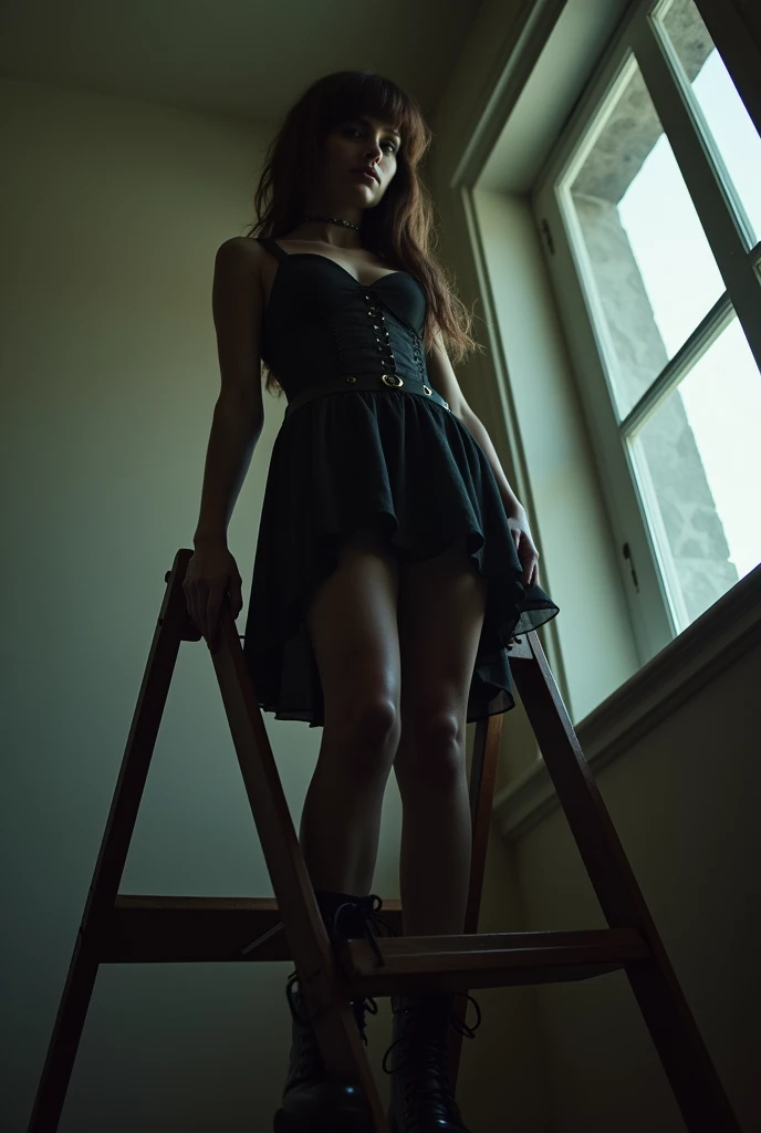 A busty Gothic girl who is standing on the top of a ladder looking down at viewer. The camera is close to her