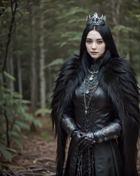 Gothic, vampires, fur armor, castle, black hair, young face, smile, female character, high detail of objects, gloomy environment, horror style,Heavy steel armor with a skull on the chest, with black inserts on the arms, and bake in a scabbard on the right ...