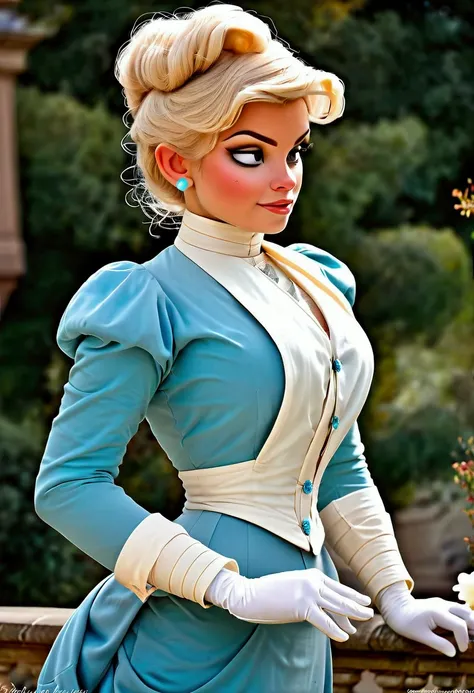 1girl. Humanized Daisy Duck as a hot 15yo Gibson Girl, seducing a horny 69yo gentleman. 1890s fashion. Victorian high-collar turquoise dress with long sleeves cuffed into wrist-high white silk gloves. Sheer peek-a-boo top. 1900_dr3ss, decorated wide-brimme...