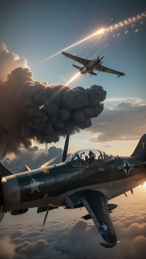 Create a real image of a WWII combat. That there is aerial combat between planes and in the background a real apocalyptic scenario.