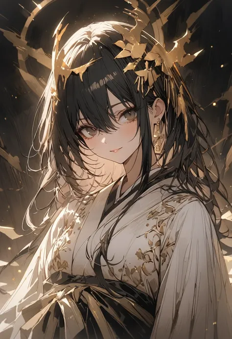 1 woman, striped hair, long black hair, hair between eyes, moles under the eyes, blank eyes, (surrounded by light particles and shimmering gold sparks that form an ethereal glowing Raionn silhouette above her head. The atmosphere is mysterious with soft li...