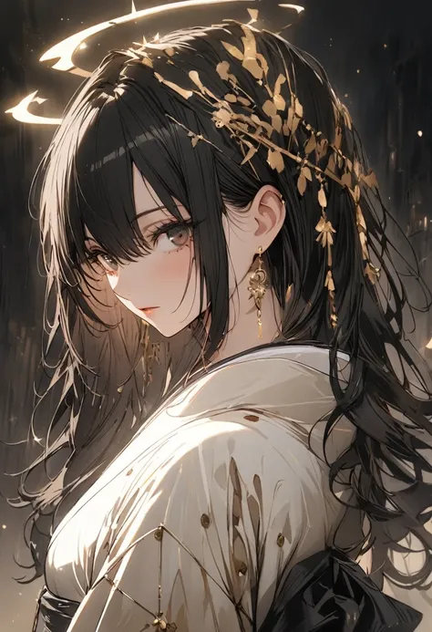 1 woman, striped hair, long black hair, hair between eyes, moles under the eyes, blank eyes, (surrounded by light particles and shimmering gold sparks that form an ethereal glowing Raionn silhouette above her head. The atmosphere is mysterious with soft li...