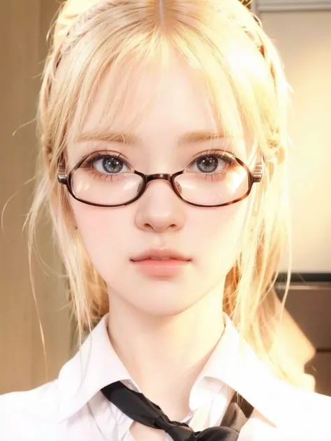 There is a woman with glasses and a tie posing for a photo, hyperRealistic schoolgirl, Realistic schoolgirl, a hyperRealistic schoolgirl, realistic young anime girl, realistic 3d anime, semi realistic anime, semi-realistic anime, photorealistic anime, hype...