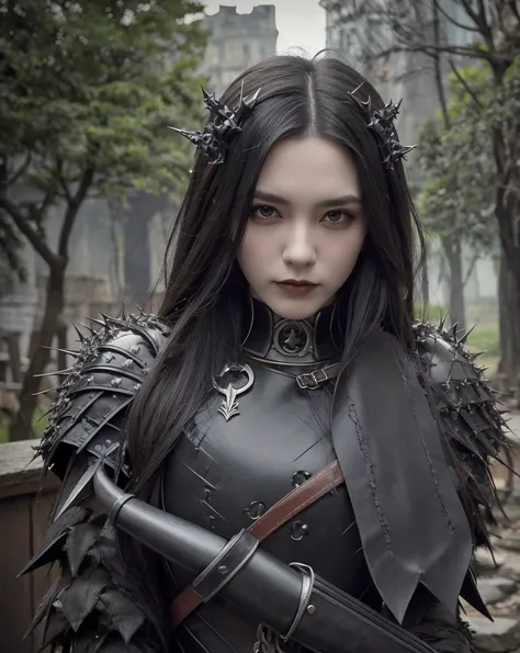 gothic, vampires, fur armor, castle, black hair, young face, smile, female character, high detail of objects, gloomy environment...