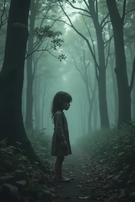 A girl is in the middle of a deserted forest