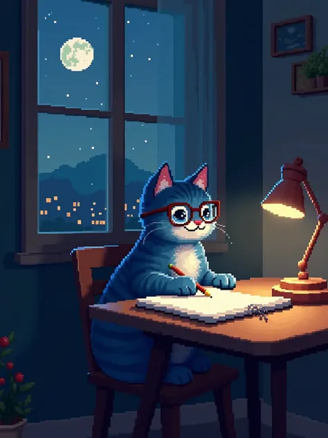 a blue cat with dark blue stripes wearing prescription glasses, sitting on a chair, drawing in his notebook on a wooden table, the environment around him is a dark room, on the table there is a lamp, he is sitting next to the window, its night, the window ...