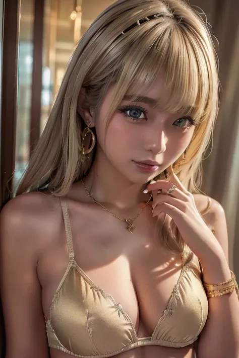 (Highest quality、4K、8k、High resolution、masterpiece:1.2)、Very detailed、(Genuine、Realistic、Realistic:1.3)、bustling street、Ear piercing、、Gal Makeup、Gal Fashion、((Blonde))、Gold Necklace、Gold Bracelets、Gold chain、In underwear