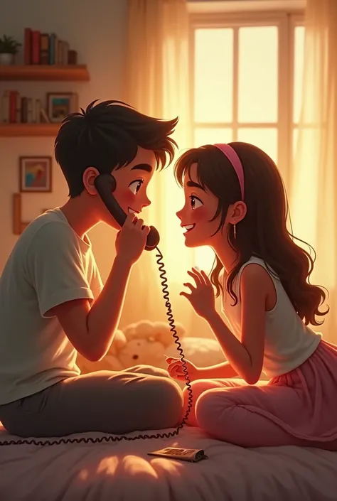 Aboy and girl talk by phone and happy