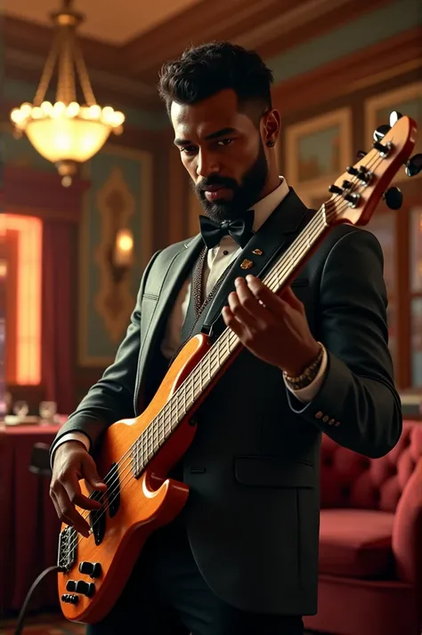 Handsome dark-skinned Cuban casino style bassist with babybass without facial hair in realistic 3D vintage 