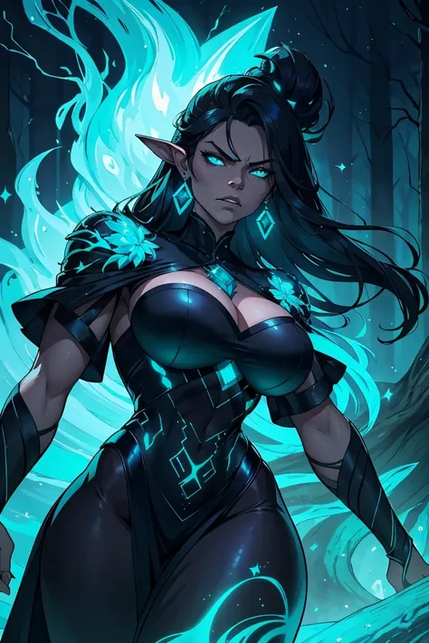 Maokai if he were a woman in life, tree, dark islands, mist, beautiful garment, wooden ornament, blue aura, nature spirit, consumed by anger, embodies vengeance, wicked, angry face, sparkling turquoise eyes, black outfit with turquoise sparkles.