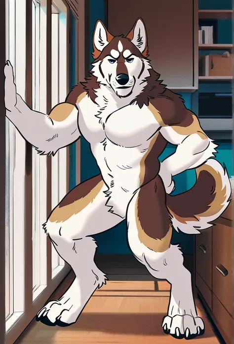 solo, male, anthro (striped husky), by tritscrits, (by botch:0.7), digitigrade, digital artwork, (flat colors:1.3), striped brown husky tail, mature male, sexy, ((detailed background)), athletic, white fur, looking at camera,