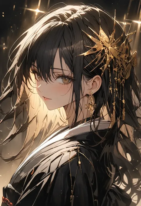 1 woman, striped hair, long black hair, hair between eyes, moles under the eyes, blank eyes, (surrounded by light particles and shimmering gold sparks that form an ethereal glowing Raionn silhouette above her head. The atmosphere is mysterious with soft li...