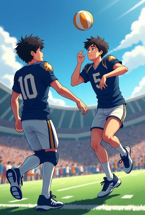 Male twins, with dark curly hair and blue eyes, one playing American football and the other playing volleyball