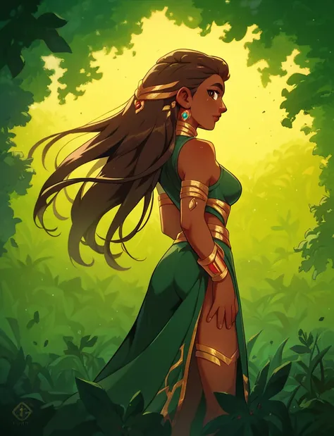 score_9, score_8_up, score_7_up, girl, dark skin, long hair, brown eyes, standing in a green field, gold lightings