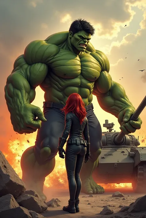 Hulk smashing an Armored Tank while black widow is standing  at her calmly , a talking bubble to her right which says "The sun’s getting real low"