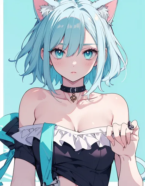 shaded face, jitome, midriff, tattoo, towel body, ((masterpiece, best quality:1.5)), ((Beautiful detailed cat aqua eyes:1.2)), cat ears, pale skin, medium breasts, beautiful hands, beautiful fingers, EasyNegative