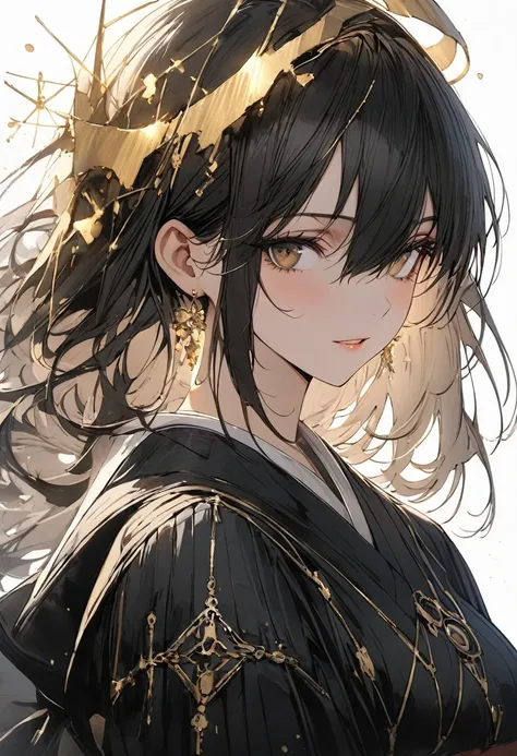 1 woman, striped hair, long black hair, hair between eyes, moles under the eyes, blank eyes, (surrounded by light particles and shimmering gold sparks that form an ethereal glowing Raionn silhouette above her head. The atmosphere is mysterious with soft li...