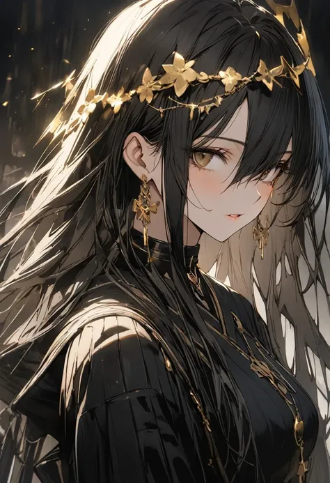 1 woman, striped hair, long black hair, hair between eyes, moles under the eyes, blank eyes, (surrounded by light particles and shimmering gold sparks that form an ethereal glowing Raionn silhouette above her head. The atmosphere is mysterious with soft li...