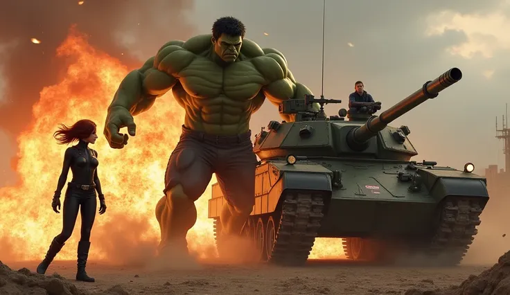 Hulk smashing an Armored Tank while black widow is standing calmly , a talking bubble to her right which says "The sun’s getting real low"