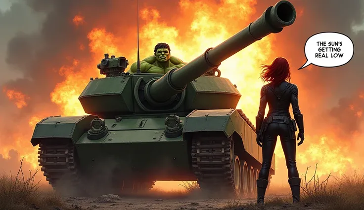 Hulk smashing an Armored Tank while black widow is standing calmly , a talking bubble to her right which says "The sun’s getting real low"