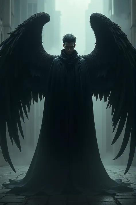 A man with jet-black wings and a shadowy figure stand back-to-back against a dark background.